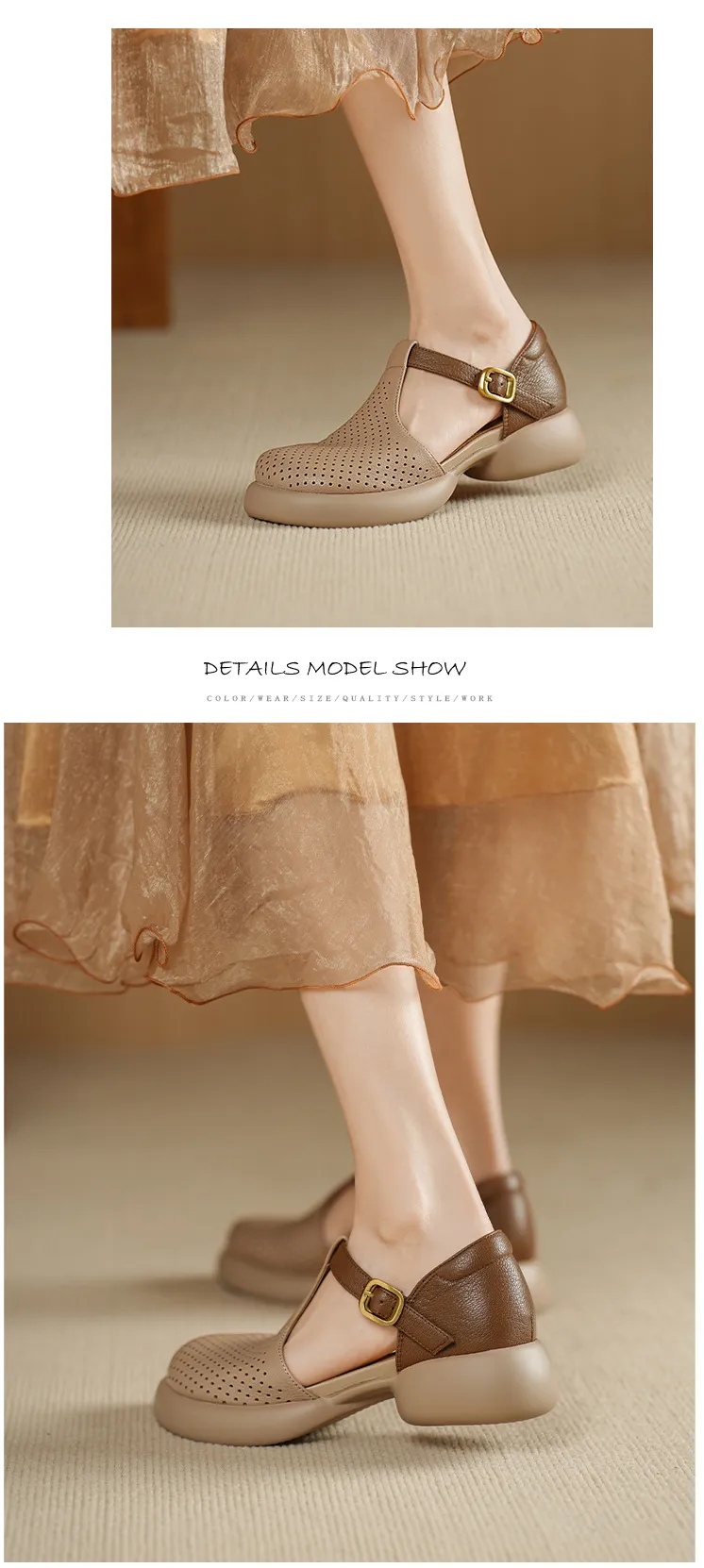 Spring/Summer Round Toe Color Block Sandals with Hollow Out Buckle Fashion Sheepskin Women's Shoes
