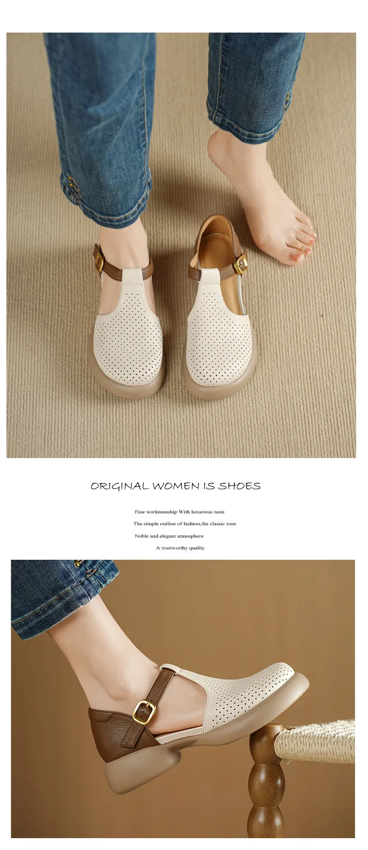 Spring/Summer Round Toe Color Block Sandals with Hollow Out Buckle Fashion Sheepskin Women's Shoes