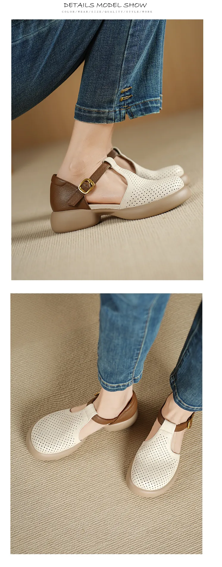 Spring/Summer Round Toe Color Block Sandals with Hollow Out Buckle Fashion Sheepskin Women's Shoes
