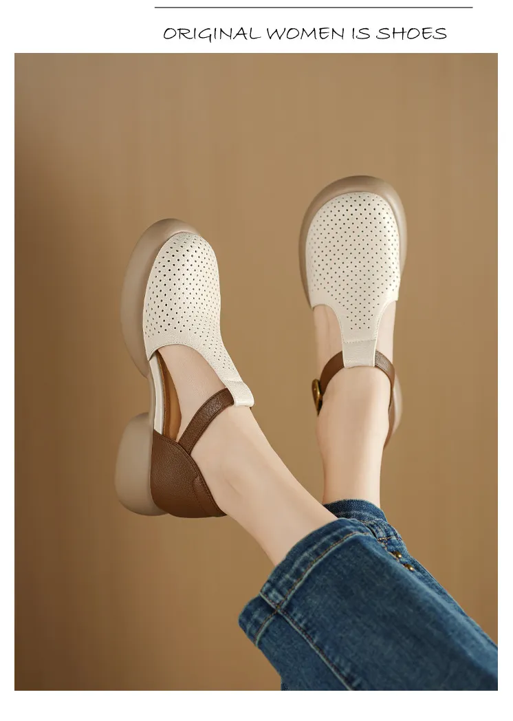 Spring/Summer Round Toe Color Block Sandals with Hollow Out Buckle Fashion Sheepskin Women's Shoes
