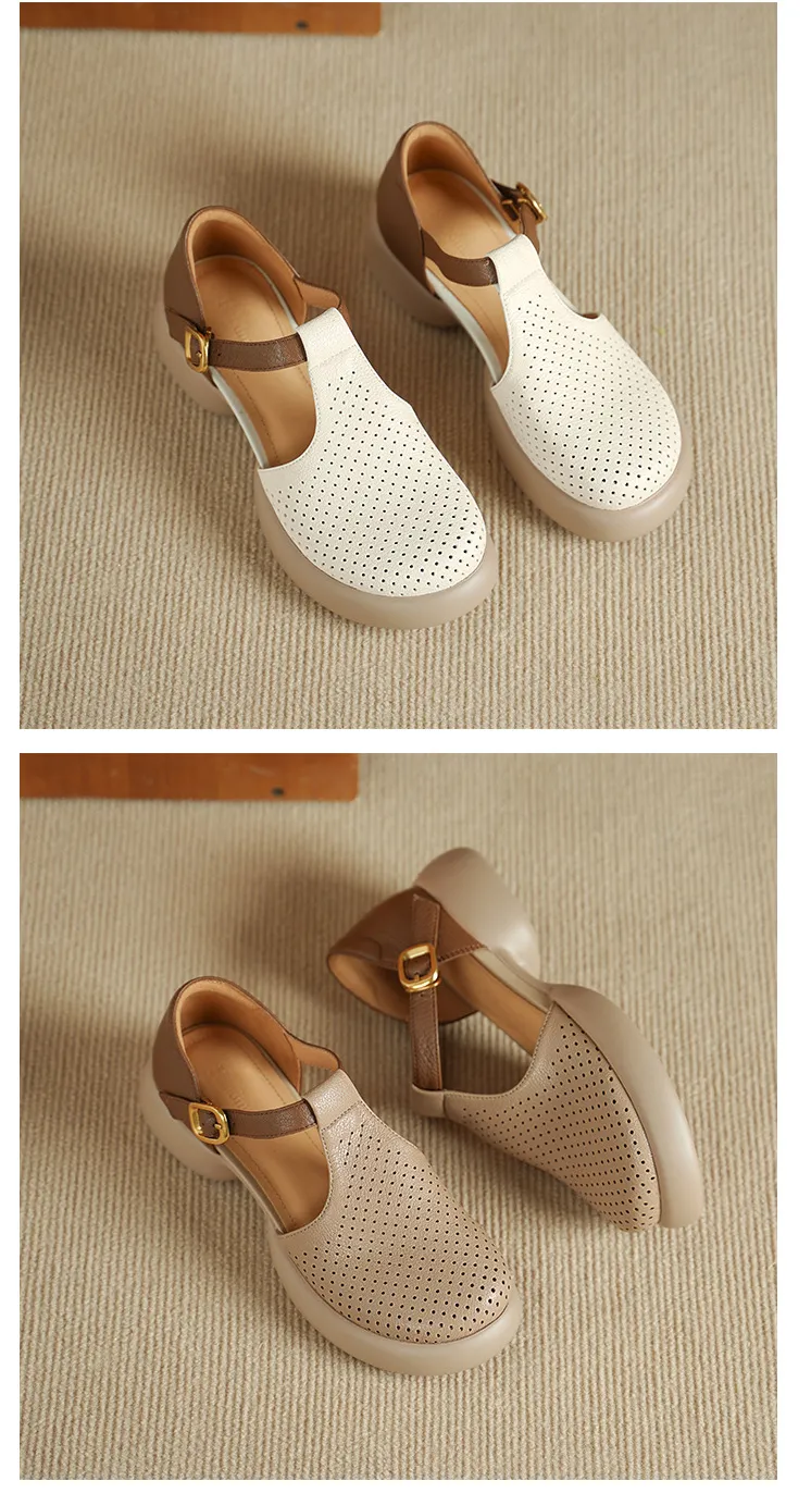 Spring/Summer Round Toe Color Block Sandals with Hollow Out Buckle Fashion Sheepskin Women's Shoes