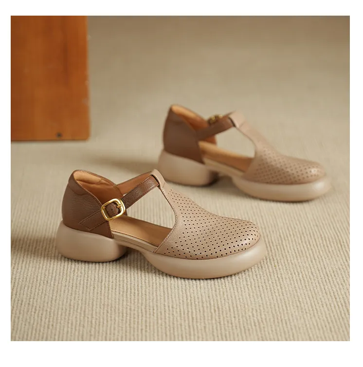 Spring/Summer Round Toe Color Block Sandals with Hollow Out Buckle Fashion Sheepskin Women's Shoes