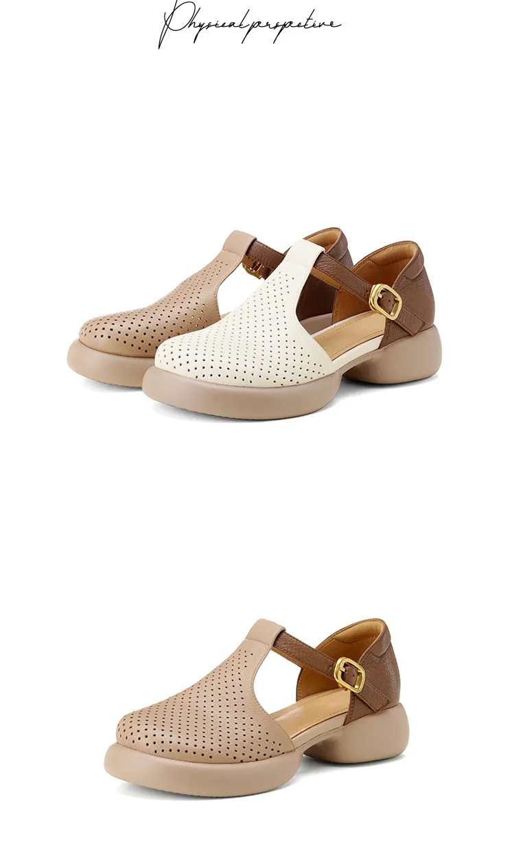 Spring/Summer Round Toe Color Block Sandals with Hollow Out Buckle Fashion Sheepskin Women's Shoes
