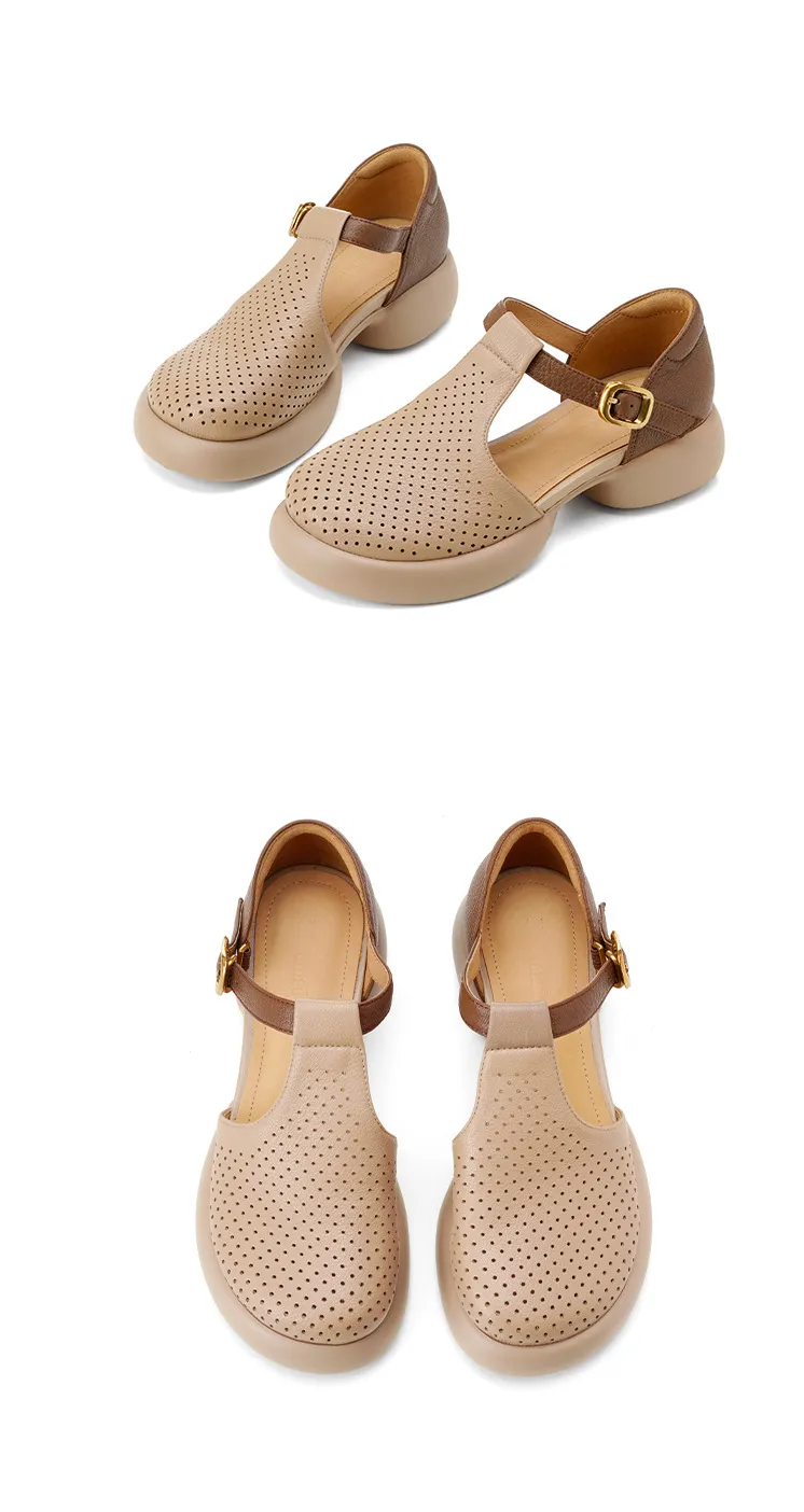 Spring/Summer Round Toe Color Block Sandals with Hollow Out Buckle Fashion Sheepskin Women's Shoes