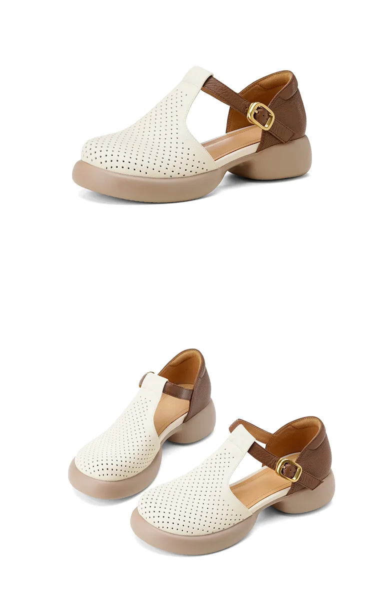 Spring/Summer Round Toe Color Block Sandals with Hollow Out Buckle Fashion Sheepskin Women's Shoes