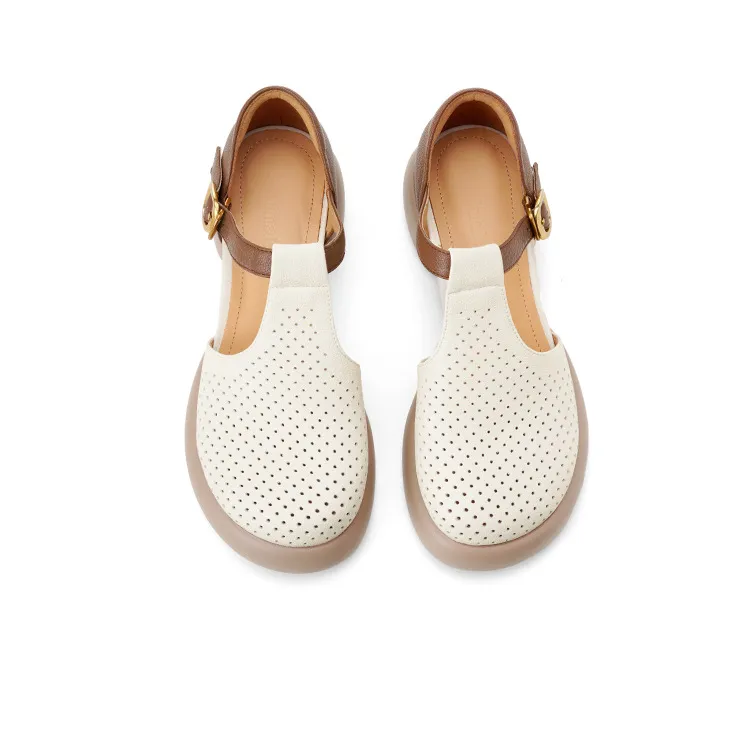 Spring/Summer Round Toe Color Block Sandals with Hollow Out Buckle Fashion Sheepskin Women's Shoes