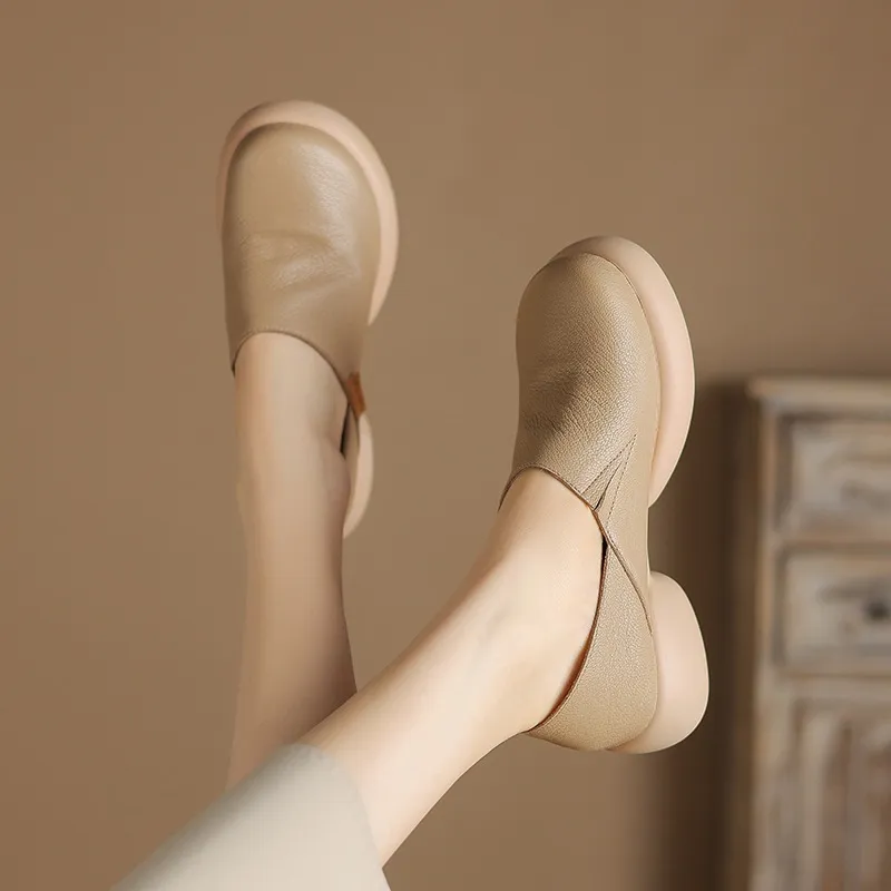Spring and Autumn Round Toe Thick Sole Chunky Heel Single Shoes, Comfortable and Simple Sheepskin Women's Shoes