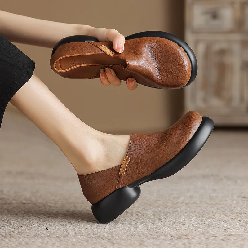 Spring and Autumn Round Toe Thick Sole Chunky Heel Single Shoes, Comfortable and Simple Sheepskin Women's Shoes