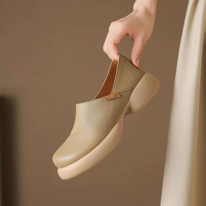 Spring and Autumn Round Toe Thick Sole Chunky Heel Single Shoes, Comfortable and Simple Sheepskin Women's Shoes