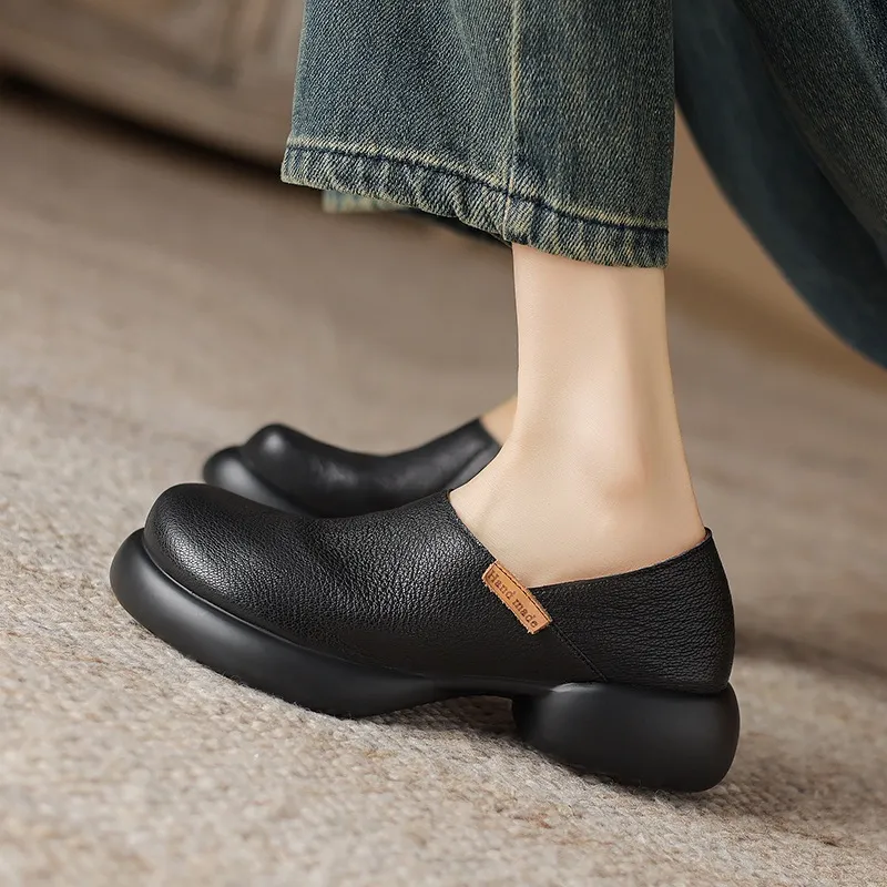 Spring and Autumn Round Toe Thick Sole Chunky Heel Single Shoes, Comfortable and Simple Sheepskin Women's Shoes