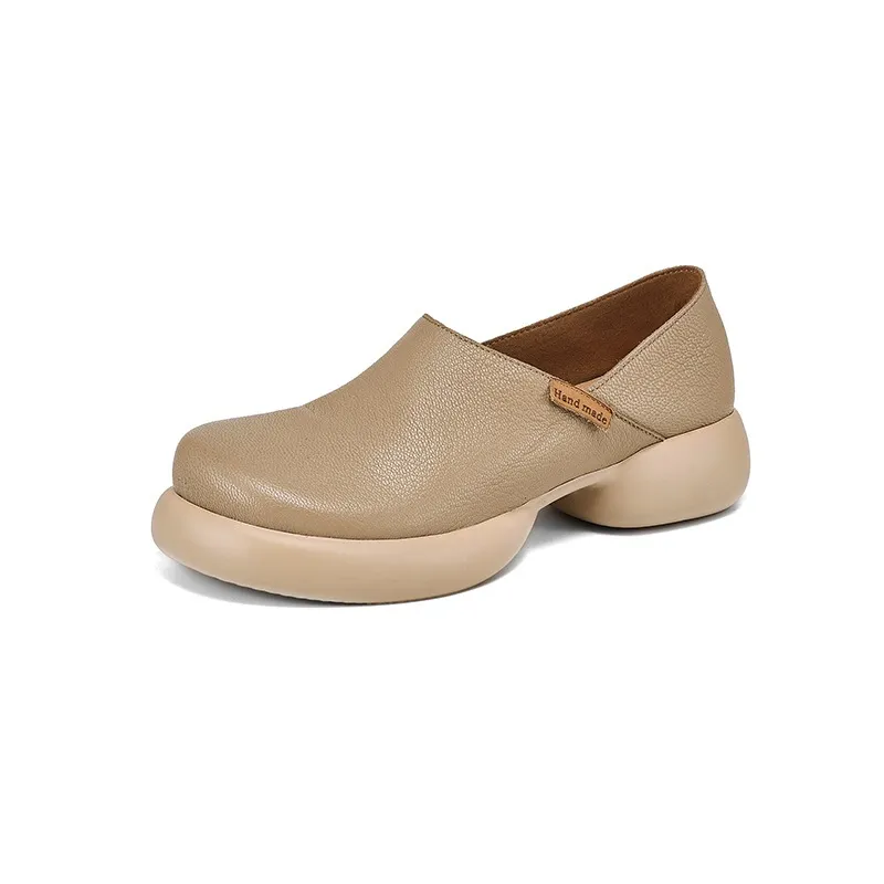 Spring and Autumn Round Toe Thick Sole Chunky Heel Single Shoes, Comfortable and Simple Sheepskin Women's Shoes