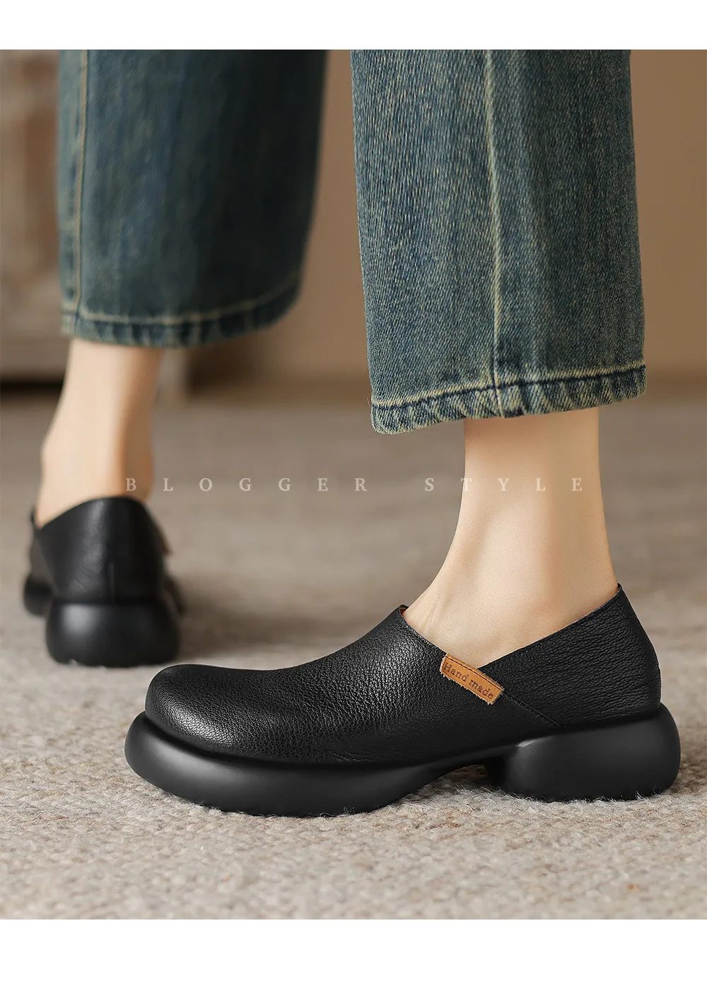 Spring and Autumn Round Toe Thick Sole Chunky Heel Single Shoes, Comfortable and Simple Sheepskin Women's Shoes