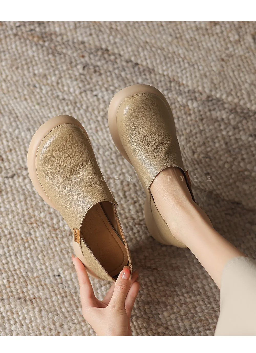 Spring and Autumn Round Toe Thick Sole Chunky Heel Single Shoes, Comfortable and Simple Sheepskin Women's Shoes
