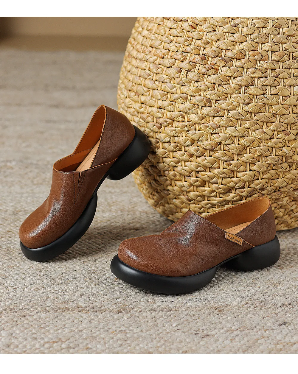 Spring and Autumn Round Toe Thick Sole Chunky Heel Single Shoes, Comfortable and Simple Sheepskin Women's Shoes