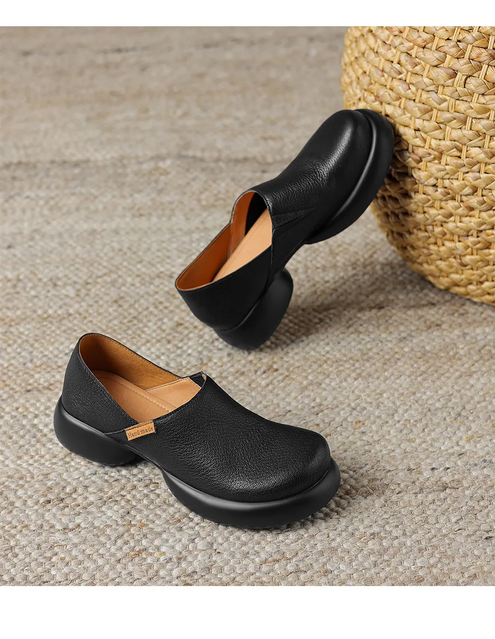 Spring and Autumn Round Toe Thick Sole Chunky Heel Single Shoes, Comfortable and Simple Sheepskin Women's Shoes