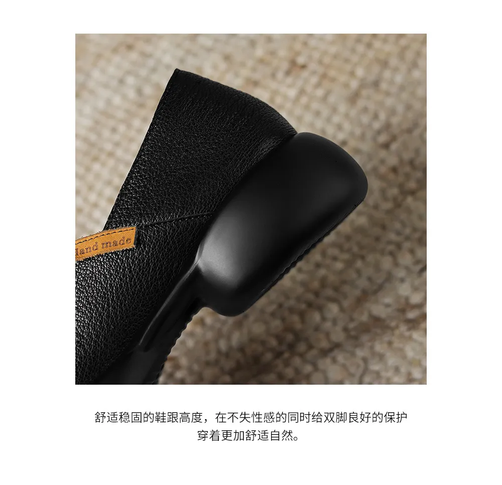 Spring and Autumn Round Toe Thick Sole Chunky Heel Single Shoes, Comfortable and Simple Sheepskin Women's Shoes
