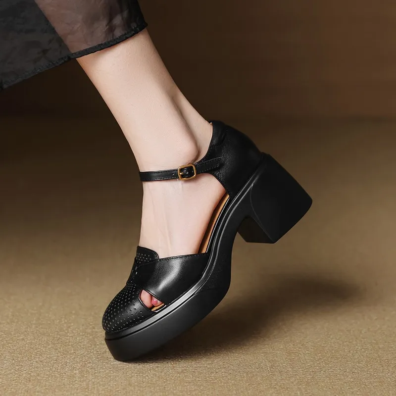 Spring/Summer Buckle Sandals, Thick Sole, Chunky Heel, High Heel, Round Toe, Comfortable Women's Shoes