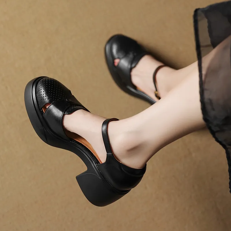 Spring/Summer Buckle Sandals, Thick Sole, Chunky Heel, High Heel, Round Toe, Comfortable Women's Shoes