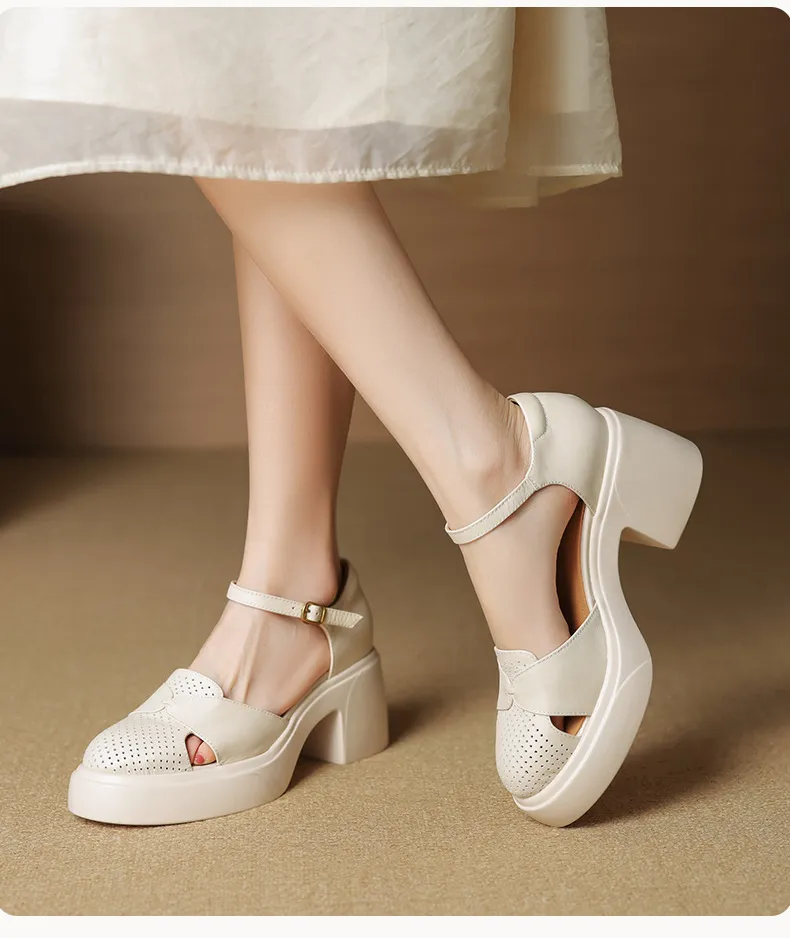 Spring/Summer Buckle Sandals, Thick Sole, Chunky Heel, High Heel, Round Toe, Comfortable Women's Shoes