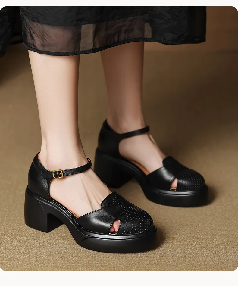 Spring/Summer Buckle Sandals, Thick Sole, Chunky Heel, High Heel, Round Toe, Comfortable Women's Shoes
