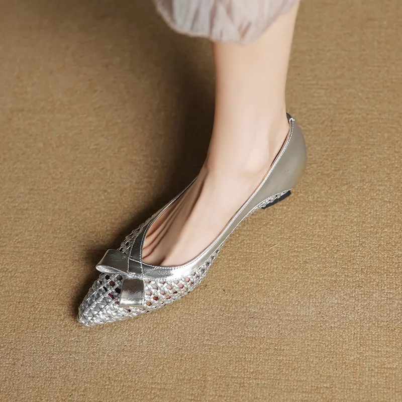 Spring/Summer Pointed Toe Flats Kitten Heel High Heels Bow Hollow Out Leather Fashion Women's Shoes