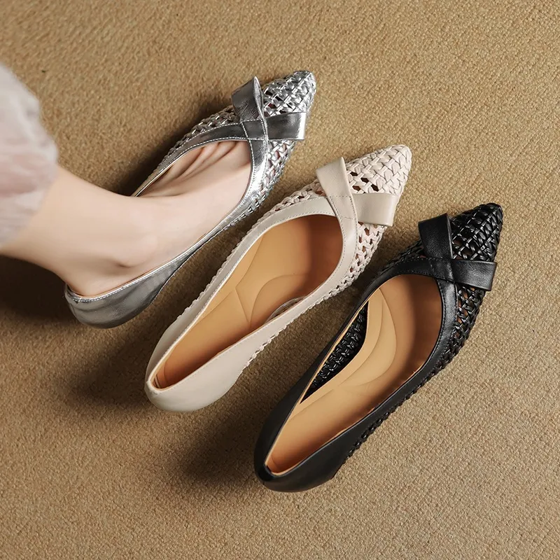 Spring/Summer Pointed Toe Flats Kitten Heel High Heels Bow Hollow Out Leather Fashion Women's Shoes