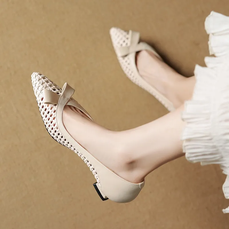 Spring/Summer Pointed Toe Flats Kitten Heel High Heels Bow Hollow Out Leather Fashion Women's Shoes