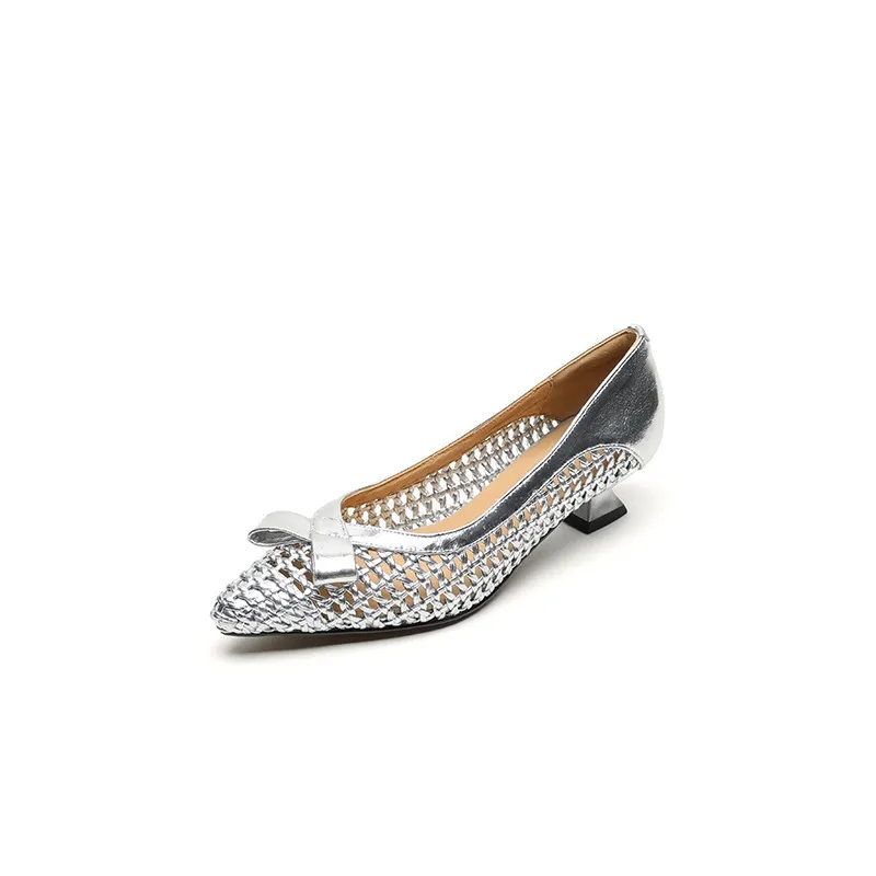 Spring/Summer Pointed Toe Flats Kitten Heel High Heels Bow Hollow Out Leather Fashion Women's Shoes