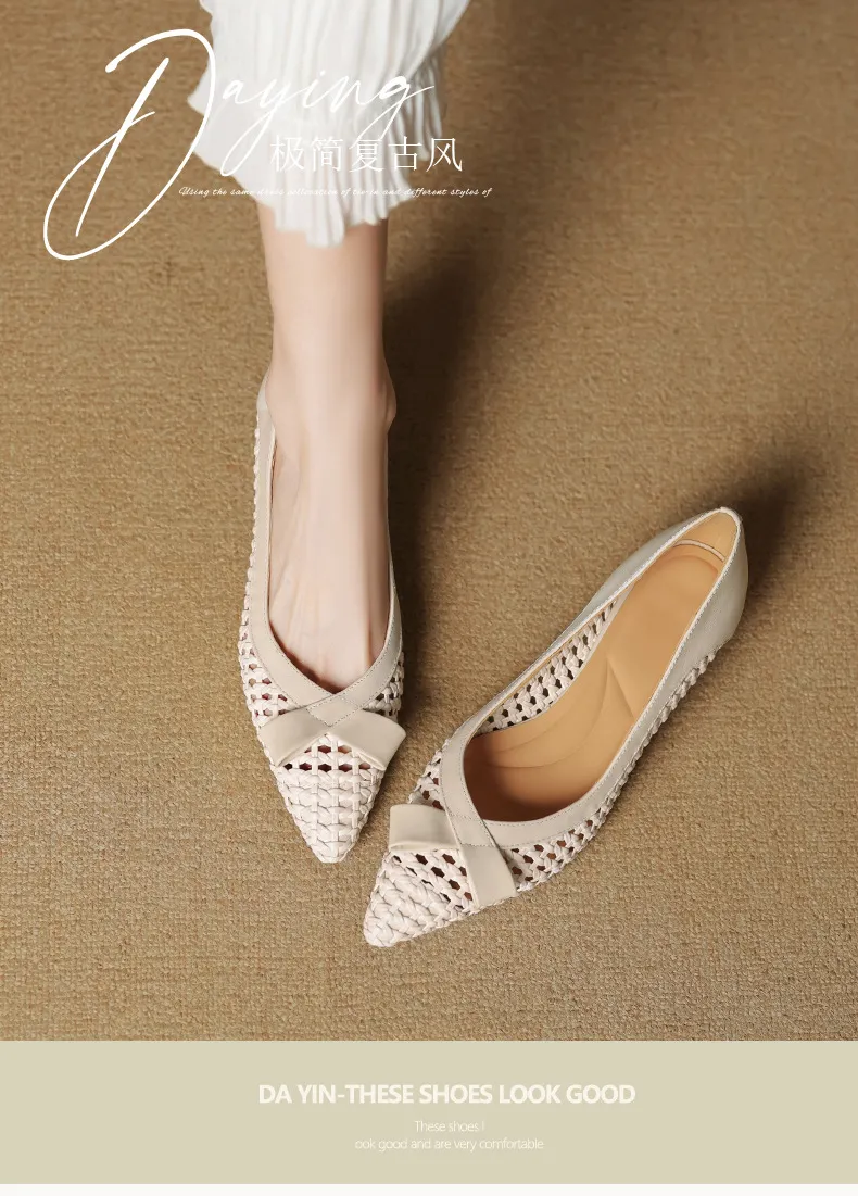 Spring/Summer Pointed Toe Flats Kitten Heel High Heels Bow Hollow Out Leather Fashion Women's Shoes