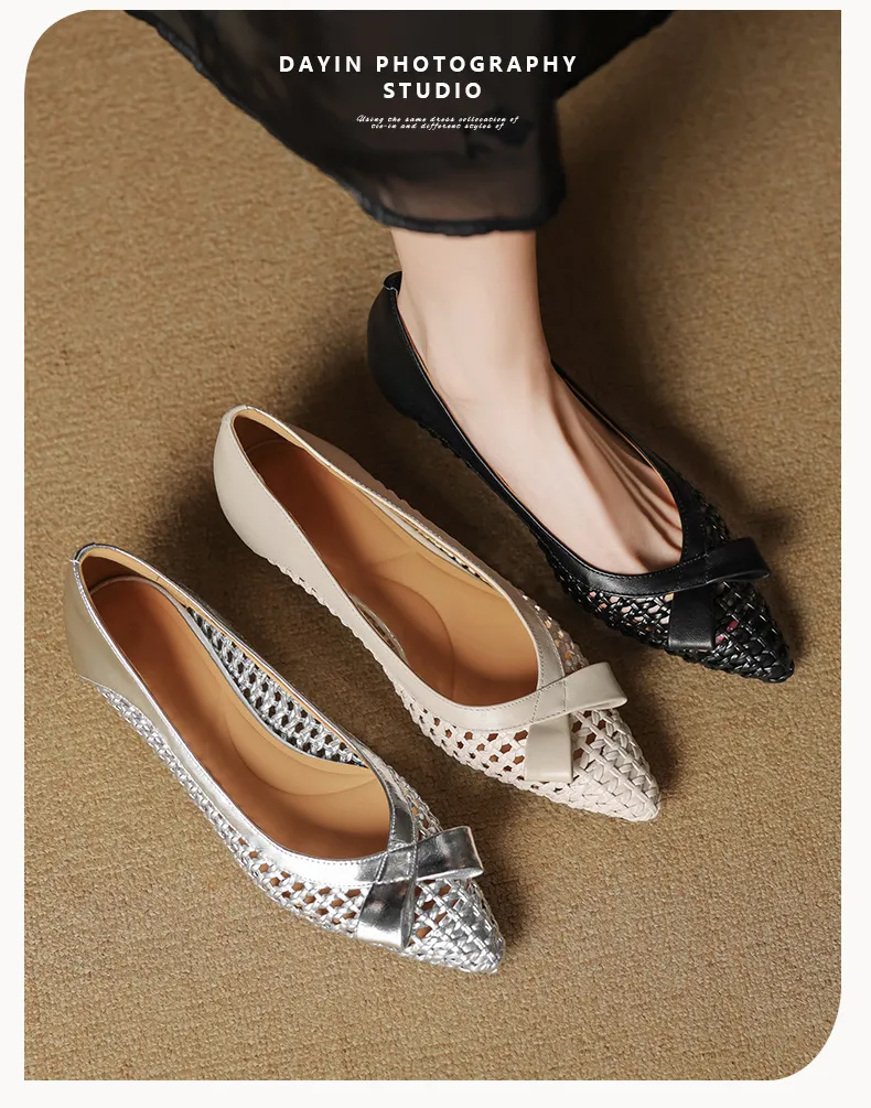 Spring/Summer Pointed Toe Flats Kitten Heel High Heels Bow Hollow Out Leather Fashion Women's Shoes