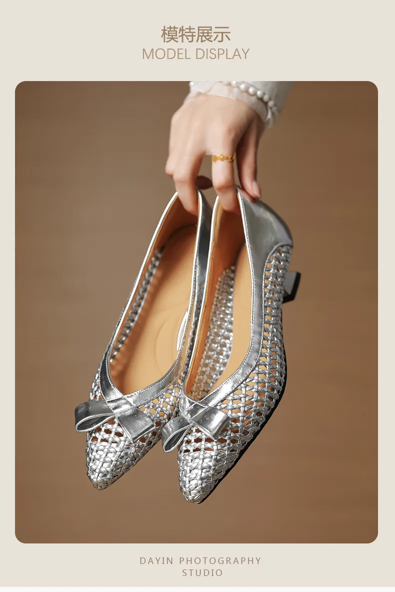 Spring/Summer Pointed Toe Flats Kitten Heel High Heels Bow Hollow Out Leather Fashion Women's Shoes