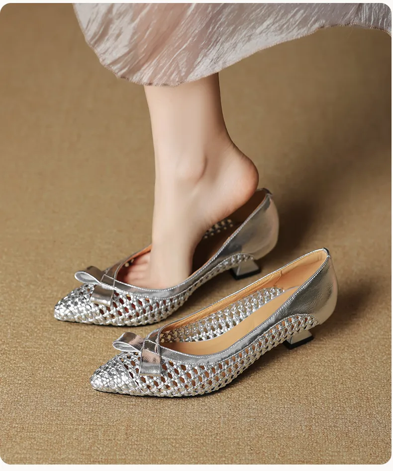 Spring/Summer Pointed Toe Flats Kitten Heel High Heels Bow Hollow Out Leather Fashion Women's Shoes