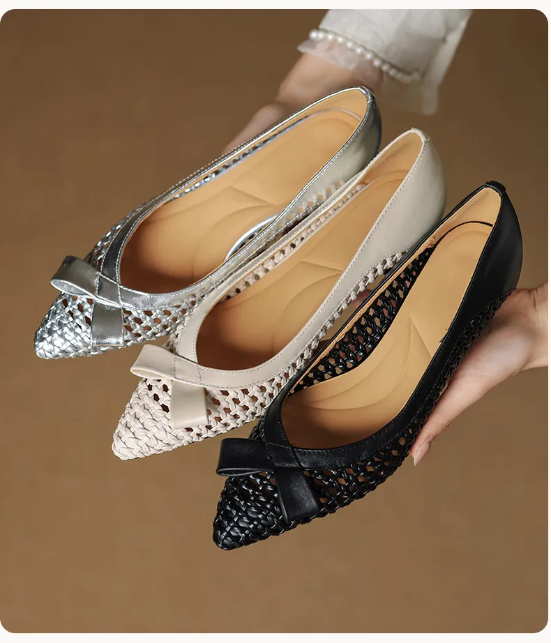 Spring/Summer Pointed Toe Flats Kitten Heel High Heels Bow Hollow Out Leather Fashion Women's Shoes