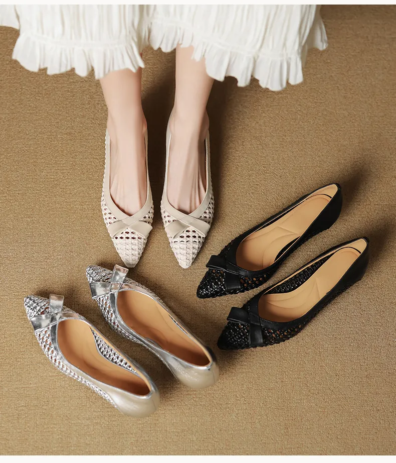 Spring/Summer Pointed Toe Flats Kitten Heel High Heels Bow Hollow Out Leather Fashion Women's Shoes