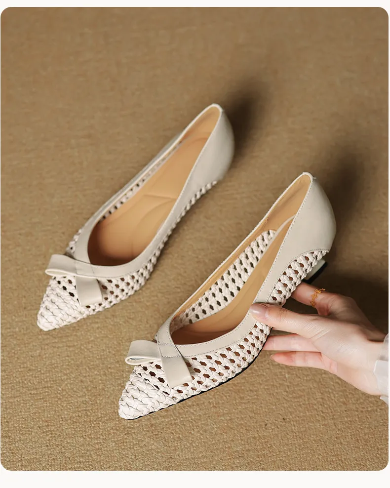 Spring/Summer Pointed Toe Flats Kitten Heel High Heels Bow Hollow Out Leather Fashion Women's Shoes