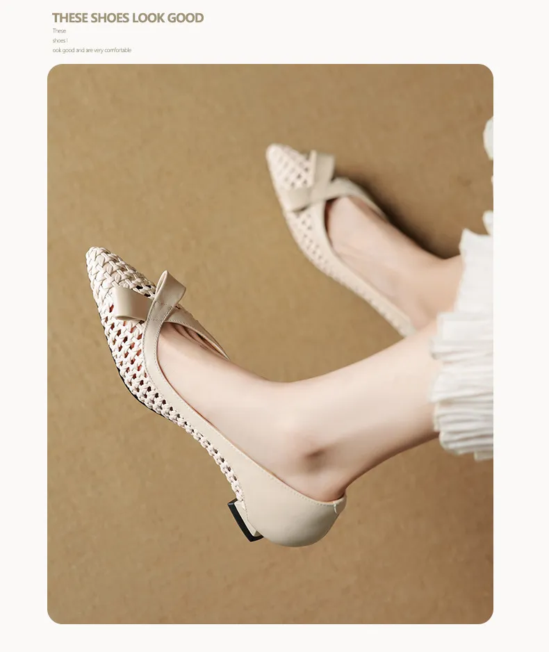 Spring/Summer Pointed Toe Flats Kitten Heel High Heels Bow Hollow Out Leather Fashion Women's Shoes