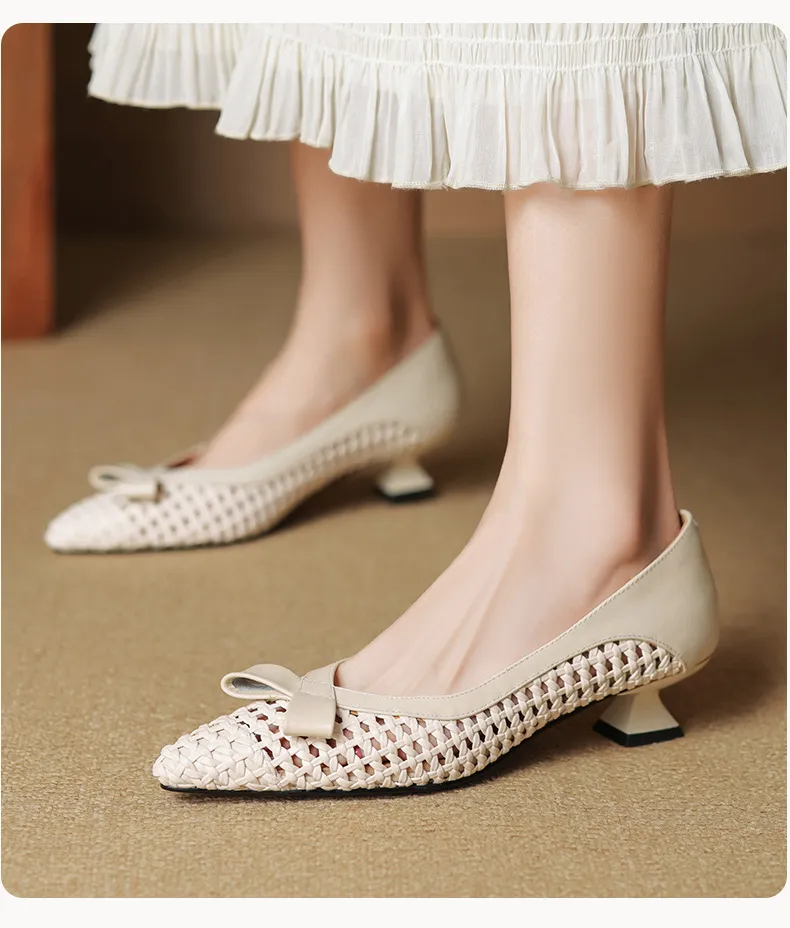 Spring/Summer Pointed Toe Flats Kitten Heel High Heels Bow Hollow Out Leather Fashion Women's Shoes