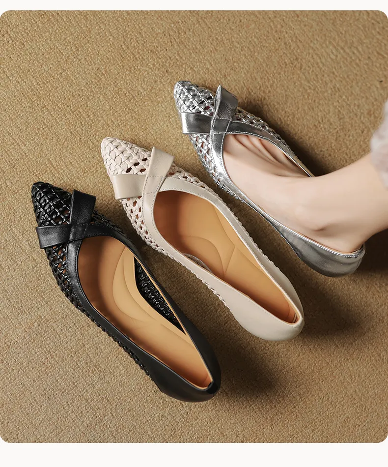 Spring/Summer Pointed Toe Flats Kitten Heel High Heels Bow Hollow Out Leather Fashion Women's Shoes