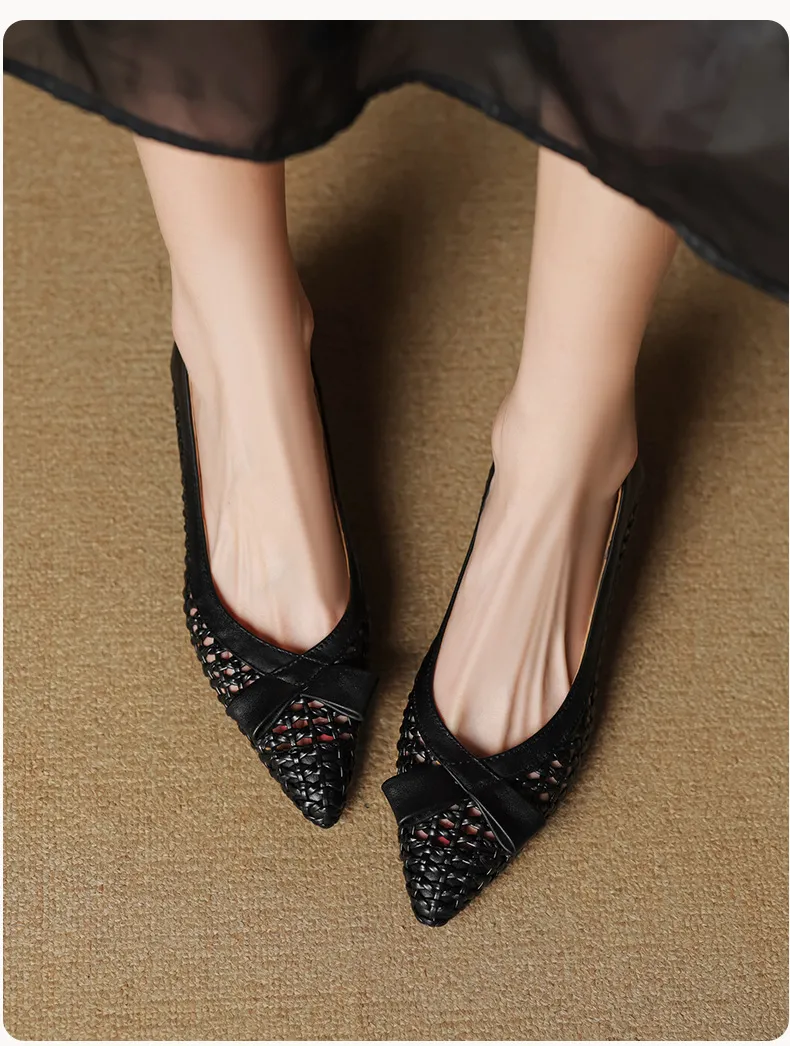 Spring/Summer Pointed Toe Flats Kitten Heel High Heels Bow Hollow Out Leather Fashion Women's Shoes