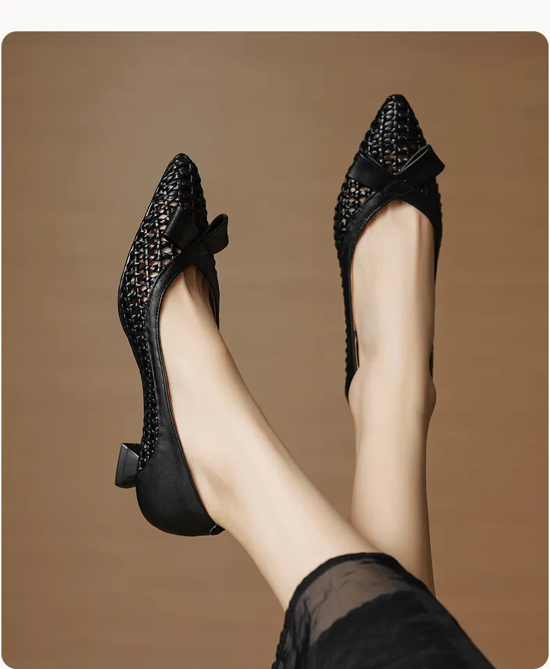 Spring/Summer Pointed Toe Flats Kitten Heel High Heels Bow Hollow Out Leather Fashion Women's Shoes
