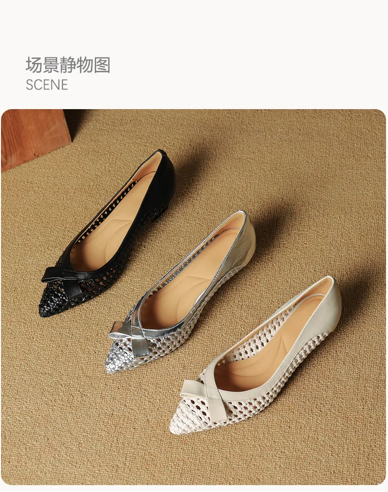 Spring/Summer Pointed Toe Flats Kitten Heel High Heels Bow Hollow Out Leather Fashion Women's Shoes