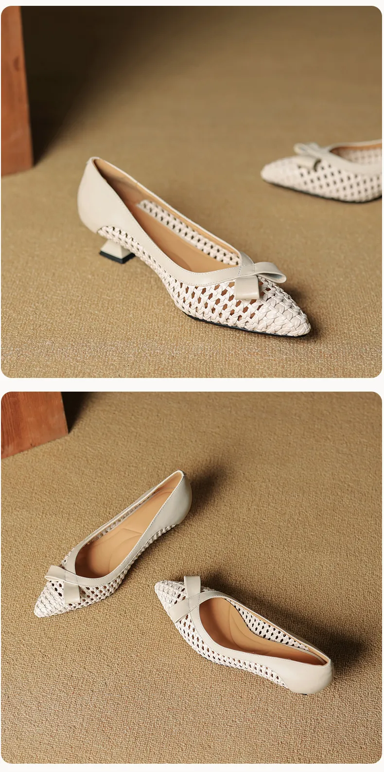 Spring/Summer Pointed Toe Flats Kitten Heel High Heels Bow Hollow Out Leather Fashion Women's Shoes