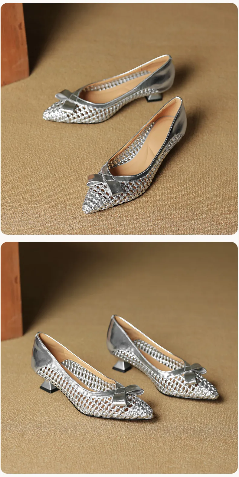 Spring/Summer Pointed Toe Flats Kitten Heel High Heels Bow Hollow Out Leather Fashion Women's Shoes