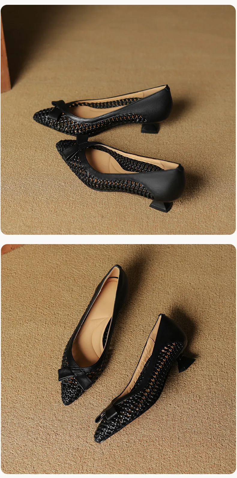 Spring/Summer Pointed Toe Flats Kitten Heel High Heels Bow Hollow Out Leather Fashion Women's Shoes