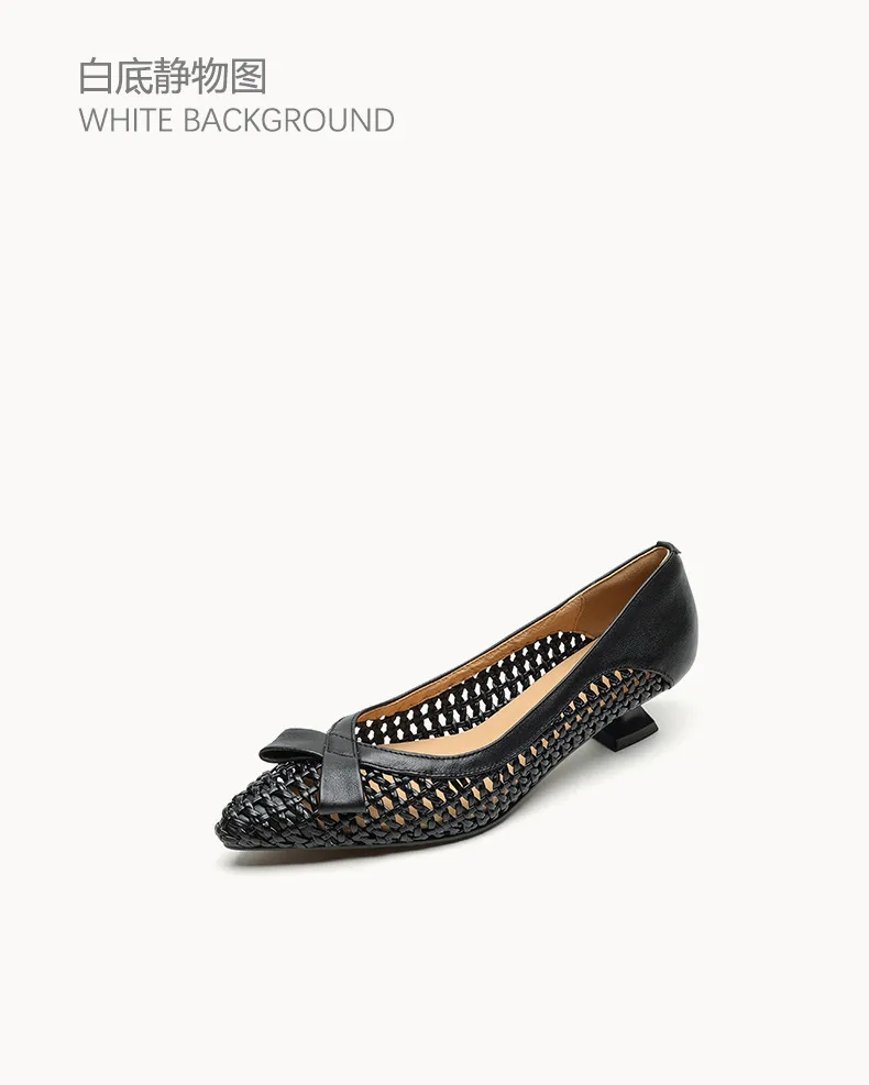 Spring/Summer Pointed Toe Flats Kitten Heel High Heels Bow Hollow Out Leather Fashion Women's Shoes