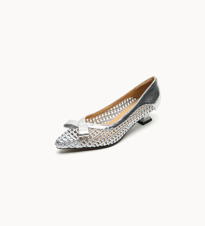 Spring/Summer Pointed Toe Flats Kitten Heel High Heels Bow Hollow Out Leather Fashion Women's Shoes