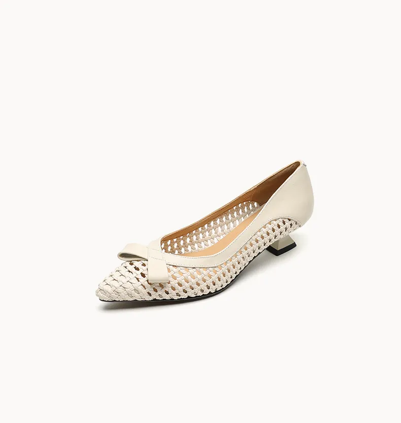 Spring/Summer Pointed Toe Flats Kitten Heel High Heels Bow Hollow Out Leather Fashion Women's Shoes