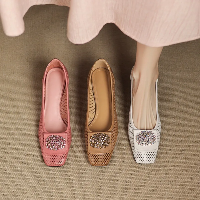 Spring/Summer Square Toe Chunky Heel High Heel Flats with Hollow Out Rhinestones and Cowhide Fashion Shoes for Women