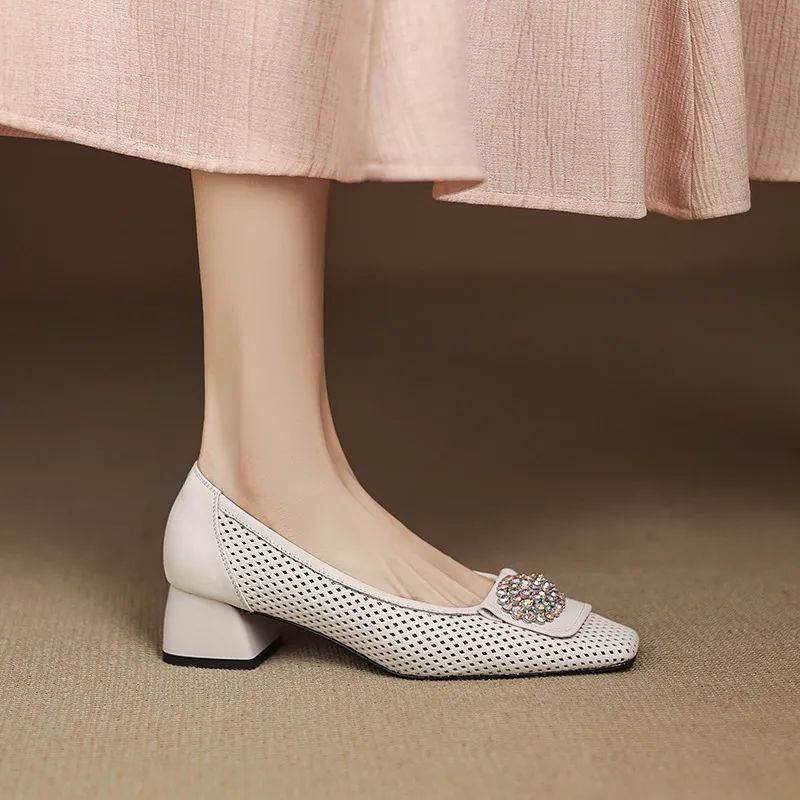 Spring/Summer Square Toe Chunky Heel High Heel Flats with Hollow Out Rhinestones and Cowhide Fashion Shoes for Women