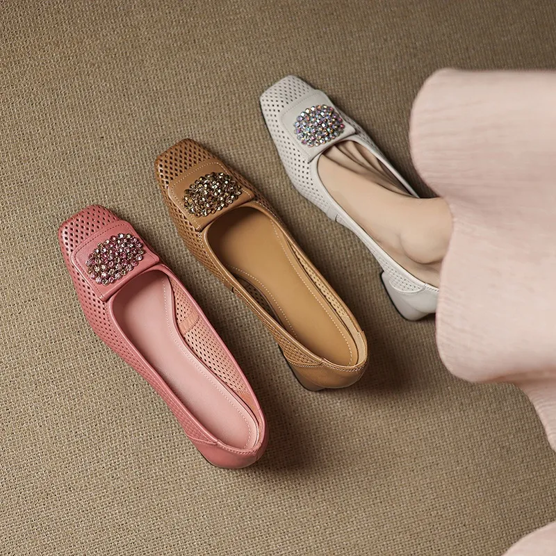 Spring/Summer Square Toe Chunky Heel High Heel Flats with Hollow Out Rhinestones and Cowhide Fashion Shoes for Women